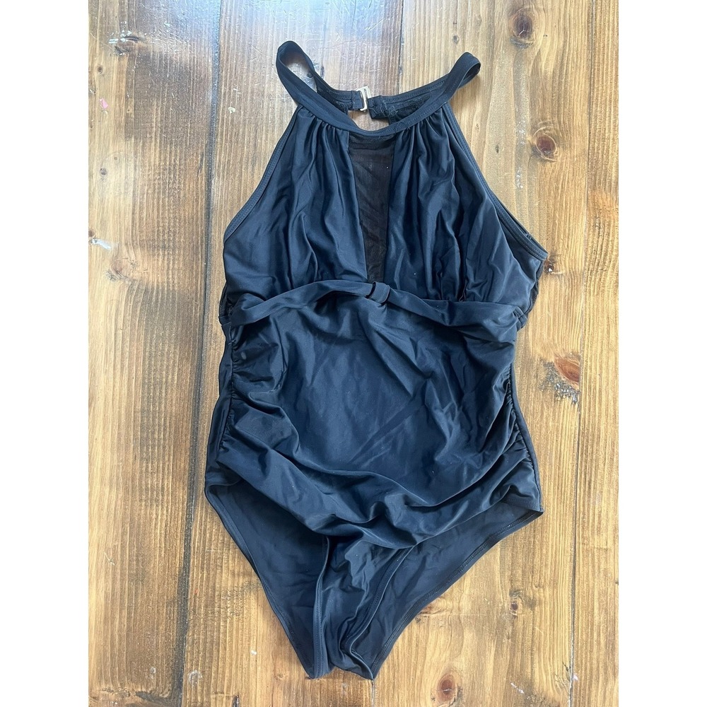 Black High Neck Mesh One Piece Swimsuit Ruched Halter Swimwear